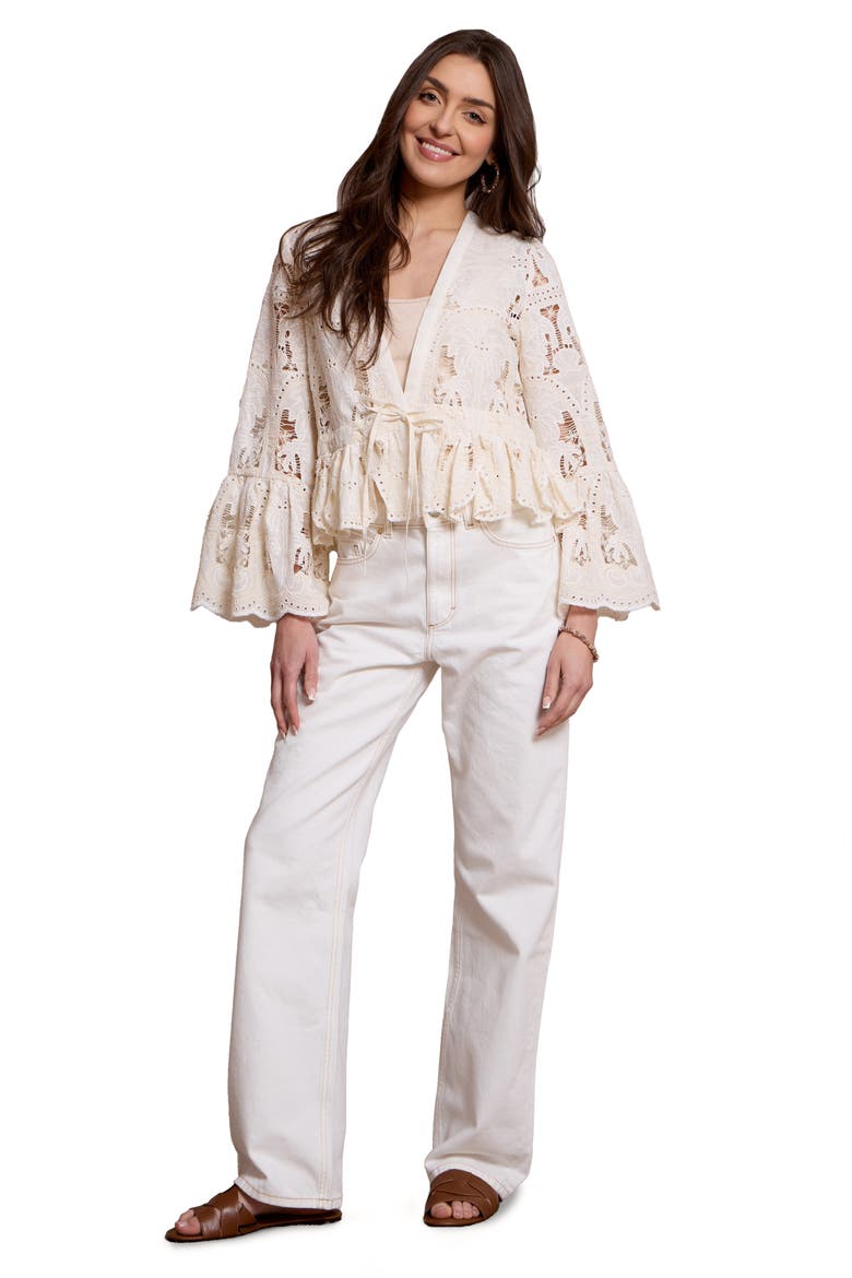 Embroidered Eyelet Tie Front Ruffle Top, Alternate, color, IVORY