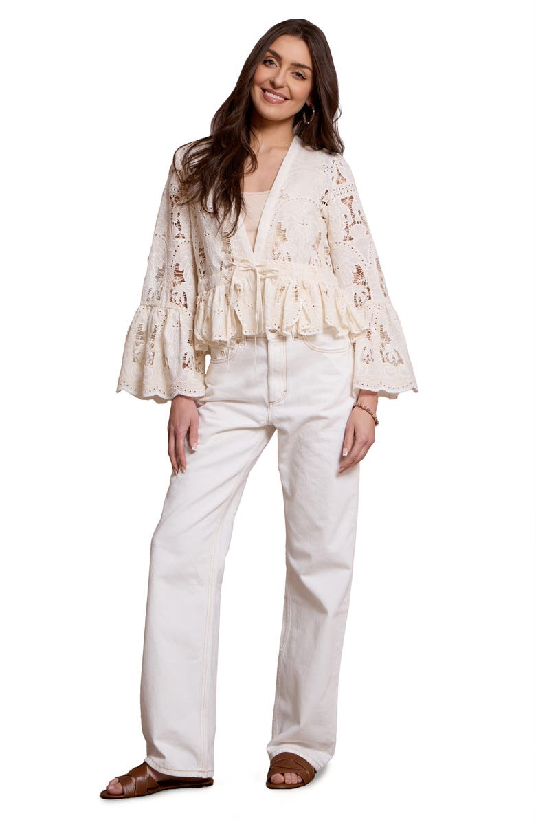 SAACHI Embroidered Eyelet Tie Front Ruffle Top, Alternate, color, Ivory