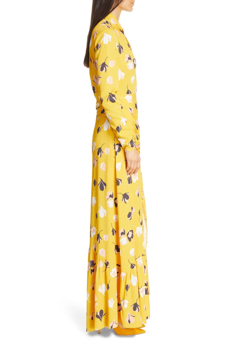 Floral Print Twist Neck Long Sleeve Maxi Dress, Alternate, color, YELLOW