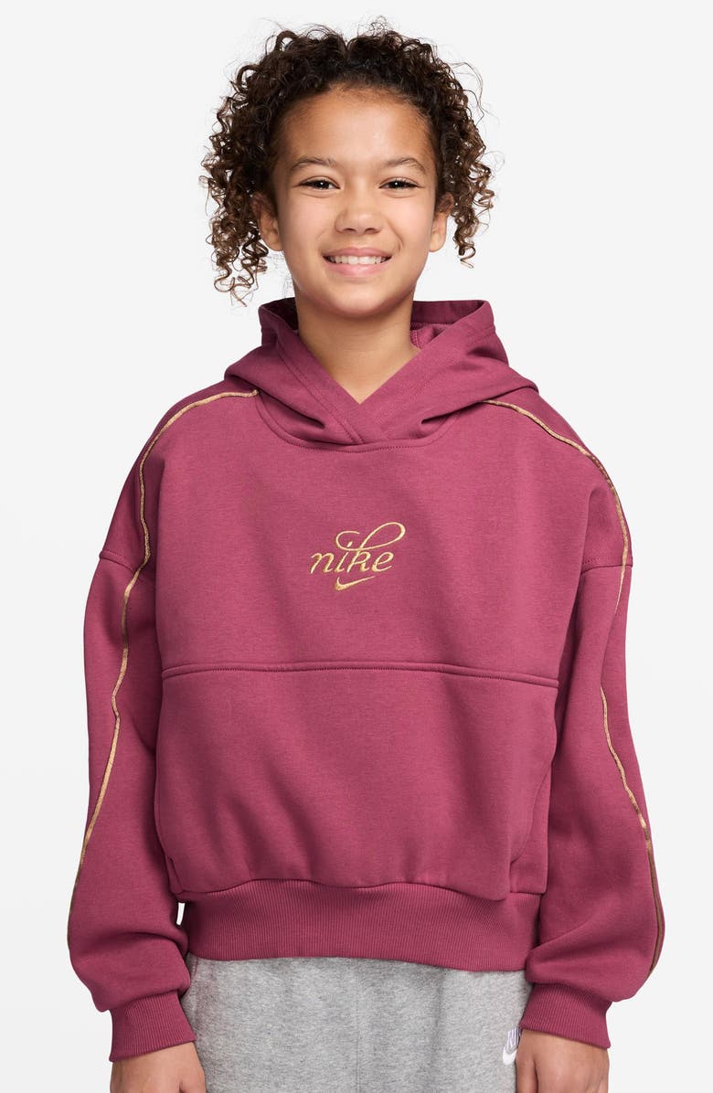 Nike Kids' Relaxed Fit Cotton Blend Fleece Hoodie, Main, color, Sweet Beet/ Metallic Gold