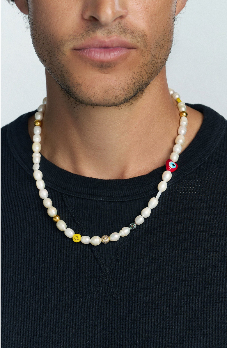 Nialaya Smiley Face Pearl Necklace, Alternate, color, White