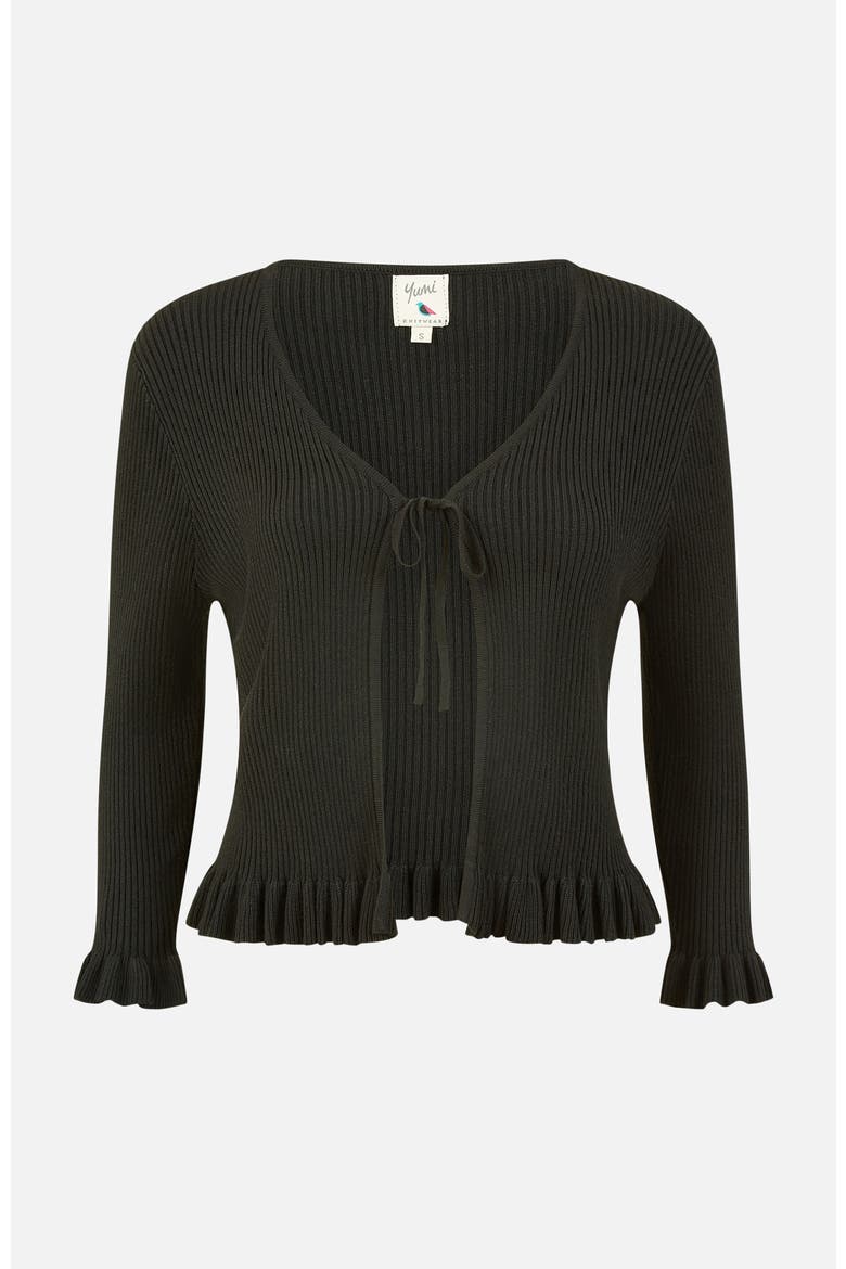 Tie Front Frilled Hem Ribbed Cardigan, Alternate, color, Black