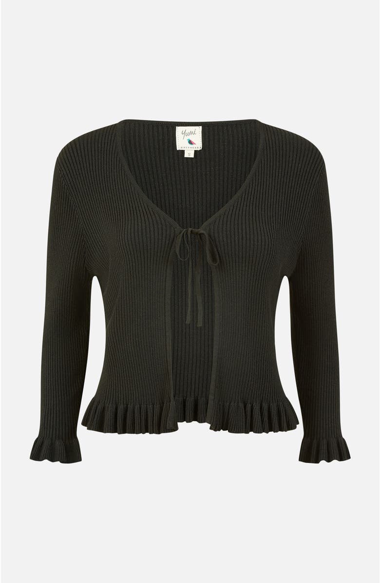 Yumi Tie Front Frilled Hem Ribbed Cardigan, Alternate, color, Black