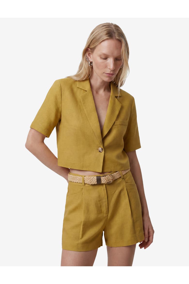 Linen Blend Short Sleeve Notched Collar Cropped Blazer, Main, color, KHAKI