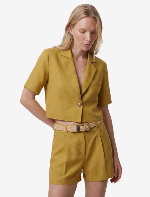 Linen Blend Short Sleeve Notched Collar Cropped Blazer
