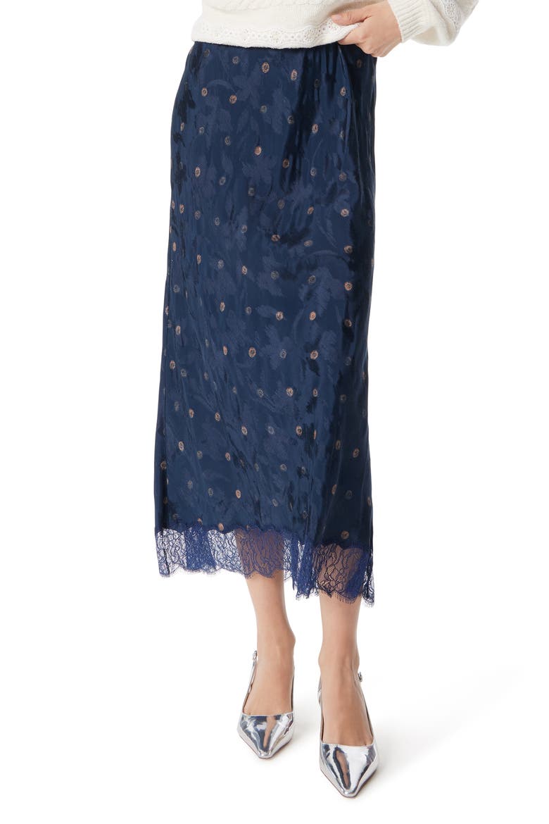 Gracie Lace Trim Satin Midi Skirt, Main, color, NAVY SCRIBBLE DOT