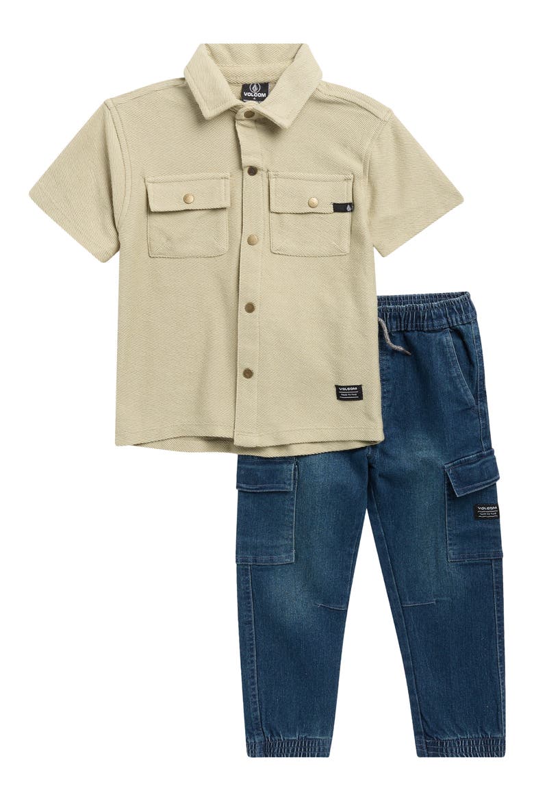 Kids' Button-Up Shirt & Denim Cargo Joggers Set, Main, color, KHAKI