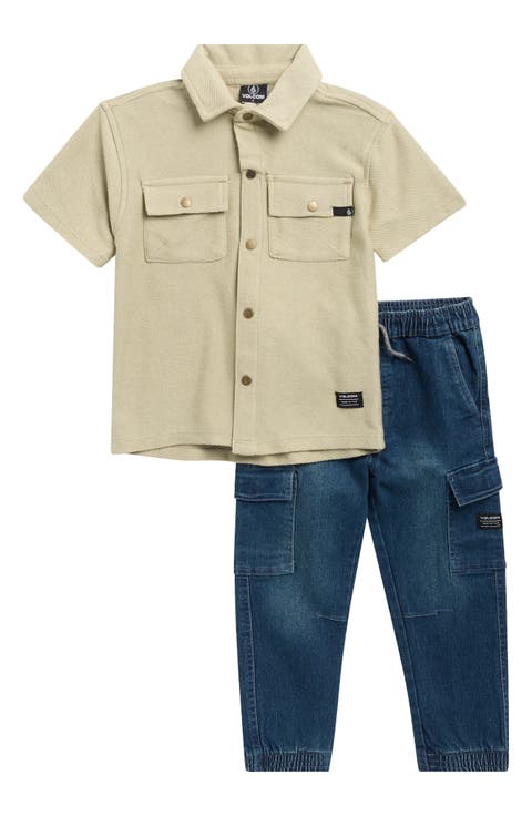 Kids' Button-Up Shirt & Denim Cargo Joggers Set