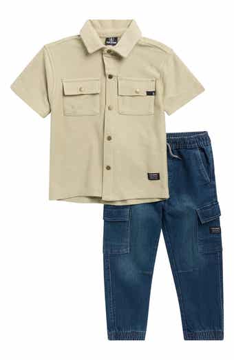 Kids' Button-Up Shirt & Denim Cargo Joggers Set