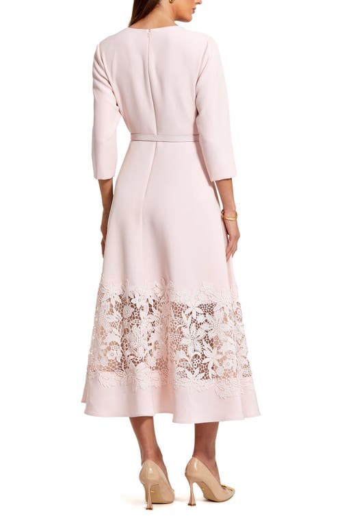 Mac Duggal Crepe Boat Neck Midi Dress With Applique Cut Out In Blush