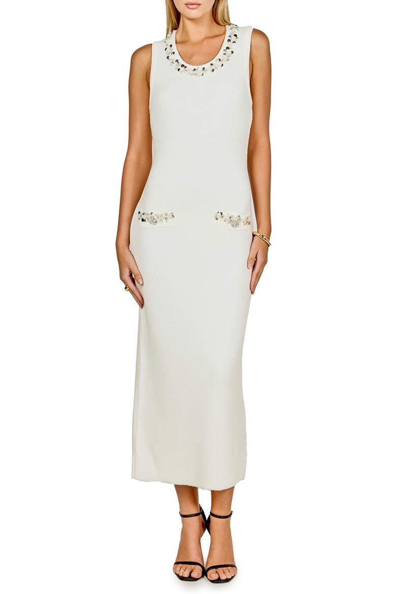 Crystal Detail Bouclé Knit Dress, Main, color, IVORY