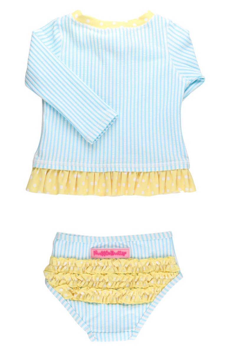 RuffleButts Kids' Blue Breeze Seersucker Long Sleeve Two-Piece Rashguard Swimsuit, Alternate, color, Blue