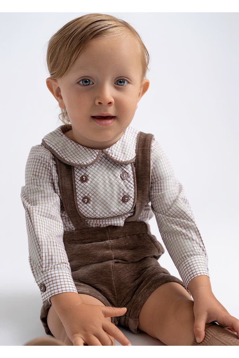 Boy Velvet Checkered Long Sleeve Shirt & Adjustable Strap Overall 2-Piece Set, Alternate, color, Taupe