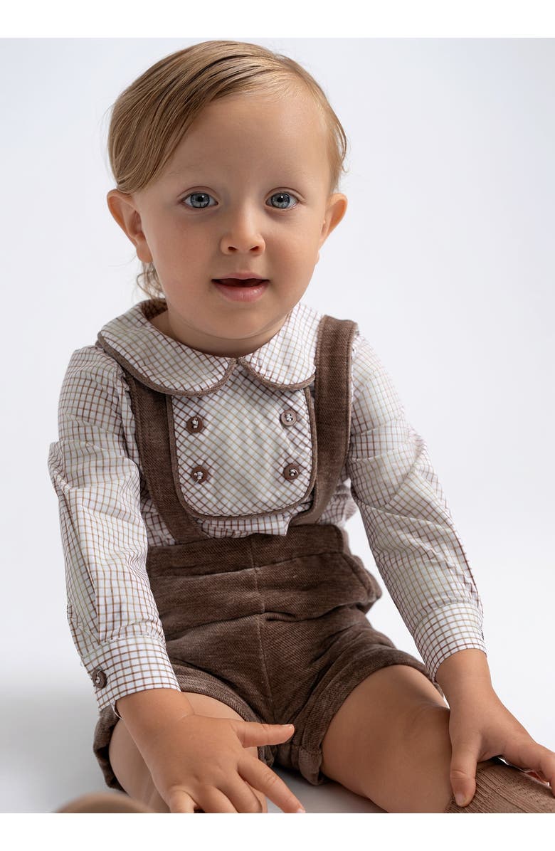 The Umbrella Academy Boy Velvet Checkered Long Sleeve Shirt & Adjustable Strap Overall 2-Piece Set, Alternate, color, Taupe