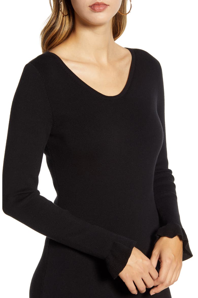 Ruffle Trim Sweater Dress, Alternate, color, BLACK