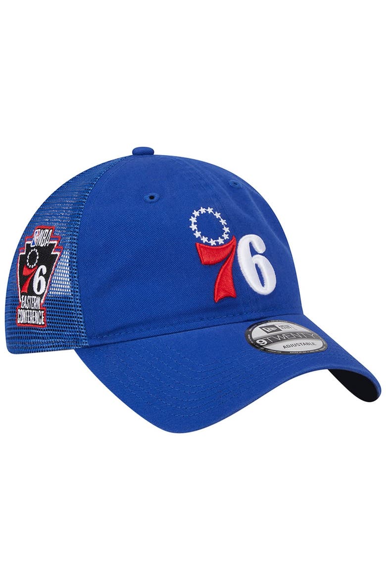 Men's New Era Royal Philadelphia 76ers Distinct Side Patch Trucker 9TWENTY Adjustable Hat, Main, color, Royal
