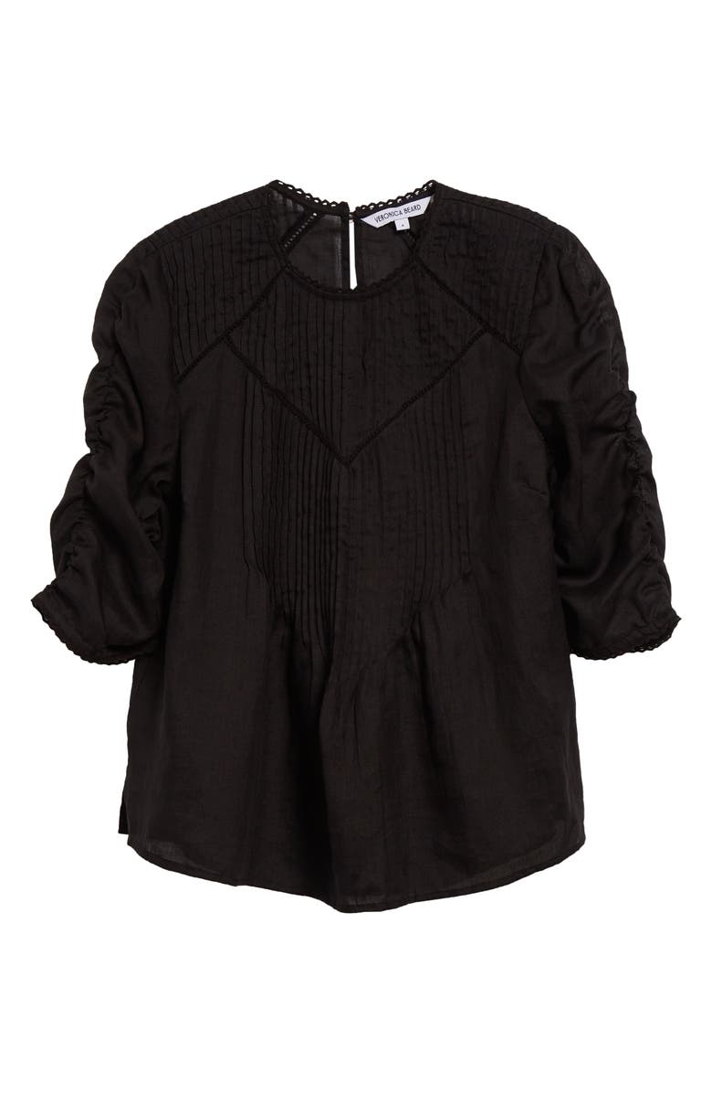 Veronica Beard Bryce Pintuck Ruched Sleeve Top, Alternate, color, Black