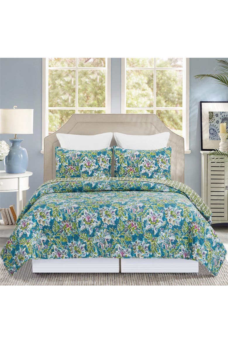 Violet Purple Blue & Green Flora Quilt Set, Alternate, color, Blue