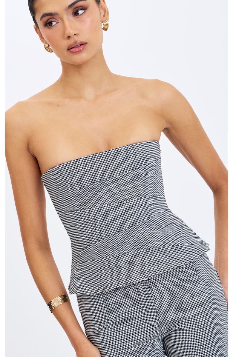 Miss Circle Ulla Micro-Houndstooth Strapless Peplum Top, Main, color, Hounstooth Grey
