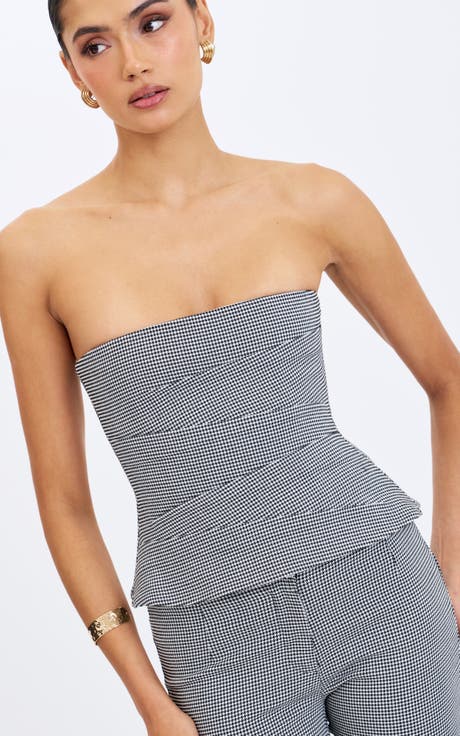 Ulla Micro-Houndstooth Strapless Peplum Top