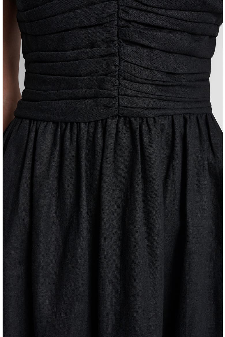 Ruched Bodice Linen Blend Midi Dress, Alternate, color, BLACK