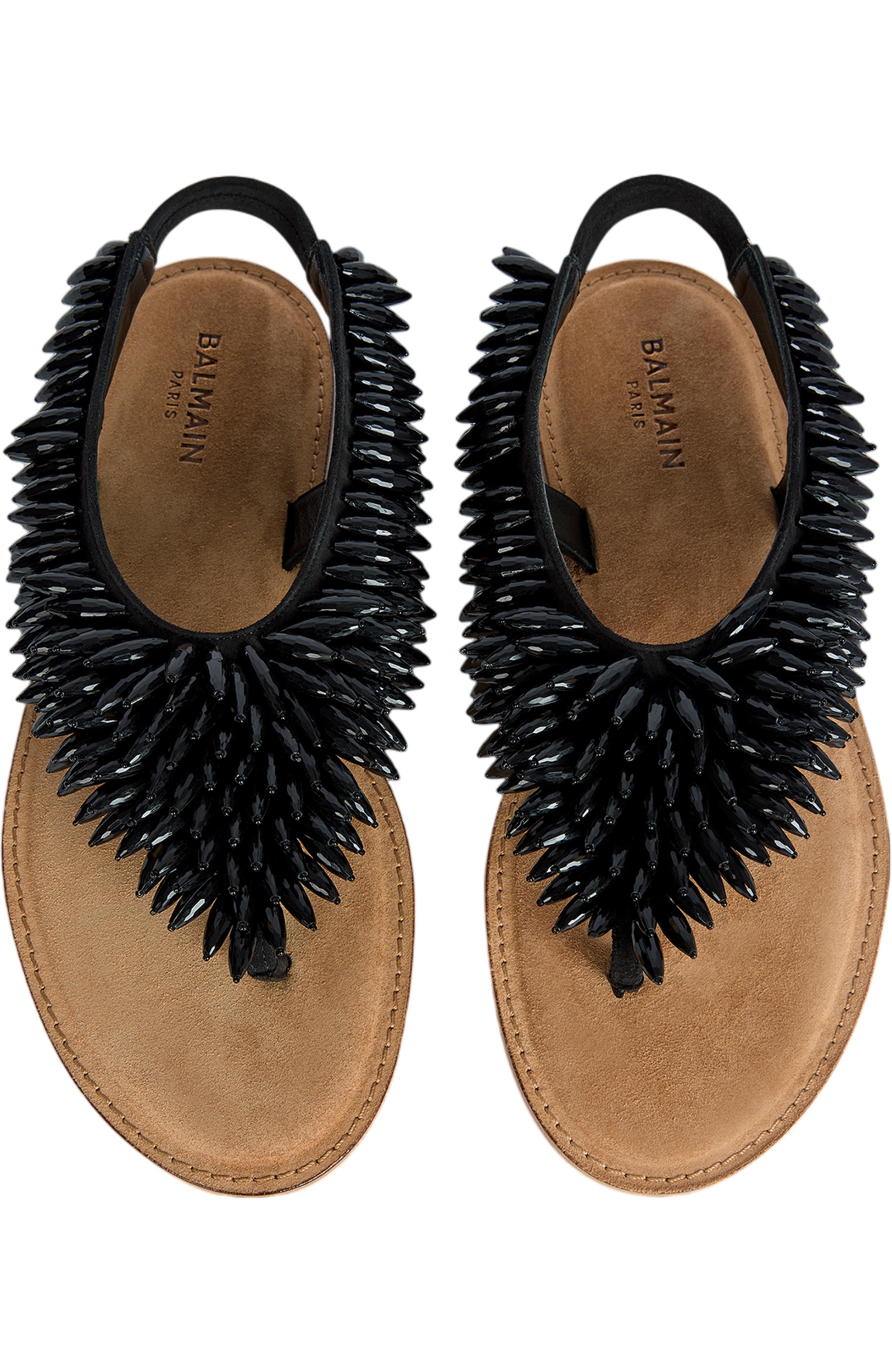Balmain Flat sandals in suede and beads, Alternate, color, Black