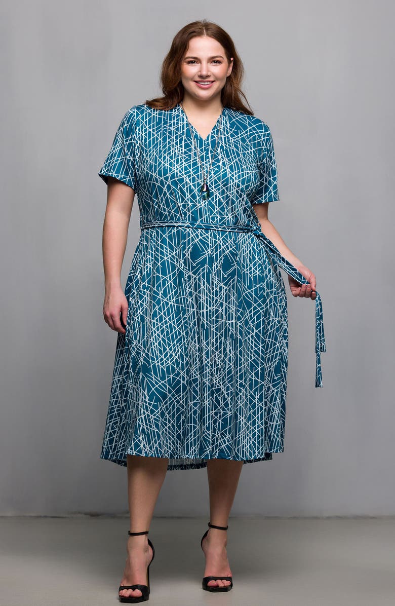 24seven Comfort Apparel Abstract Print Tie Waist Knit Midi Dress, Alternate, color, Blue Multi