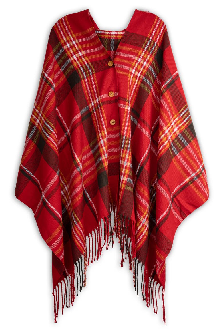 Plaid Fringe Poncho, Main, color, RED
