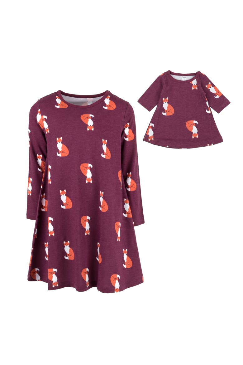 Girls Cotton Dress with Matching Doll Dress, Printed Design, Alternate, color, FOX