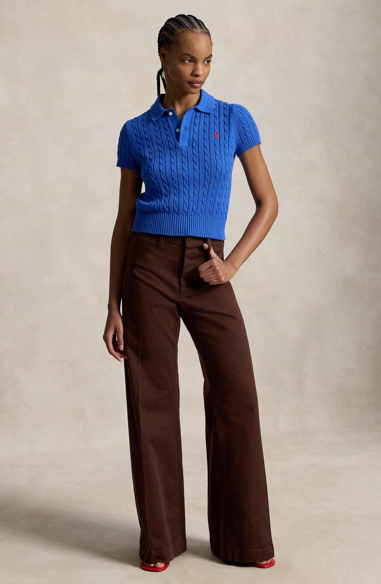 Polo Ralph Lauren Crop Cable Knit Cotton Polo Sweater, Alternate, color, Gala Blue