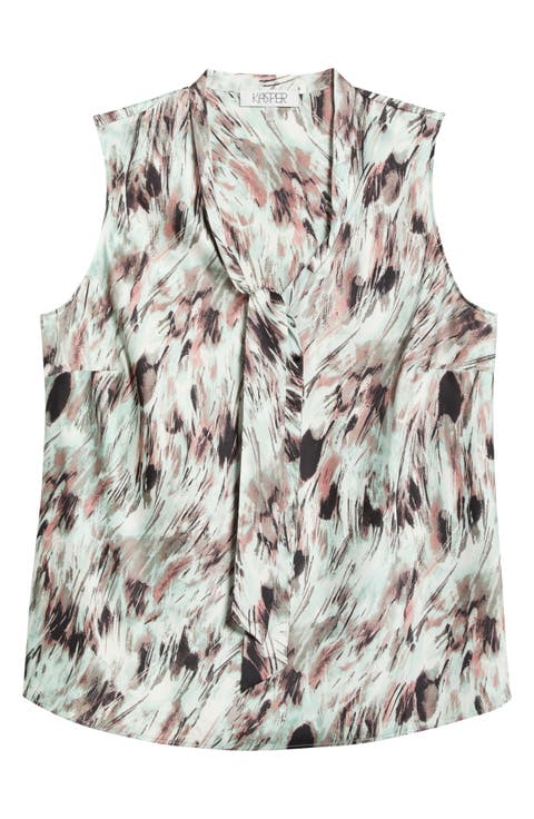 Print TIe Neck Sleeveless Satin Top