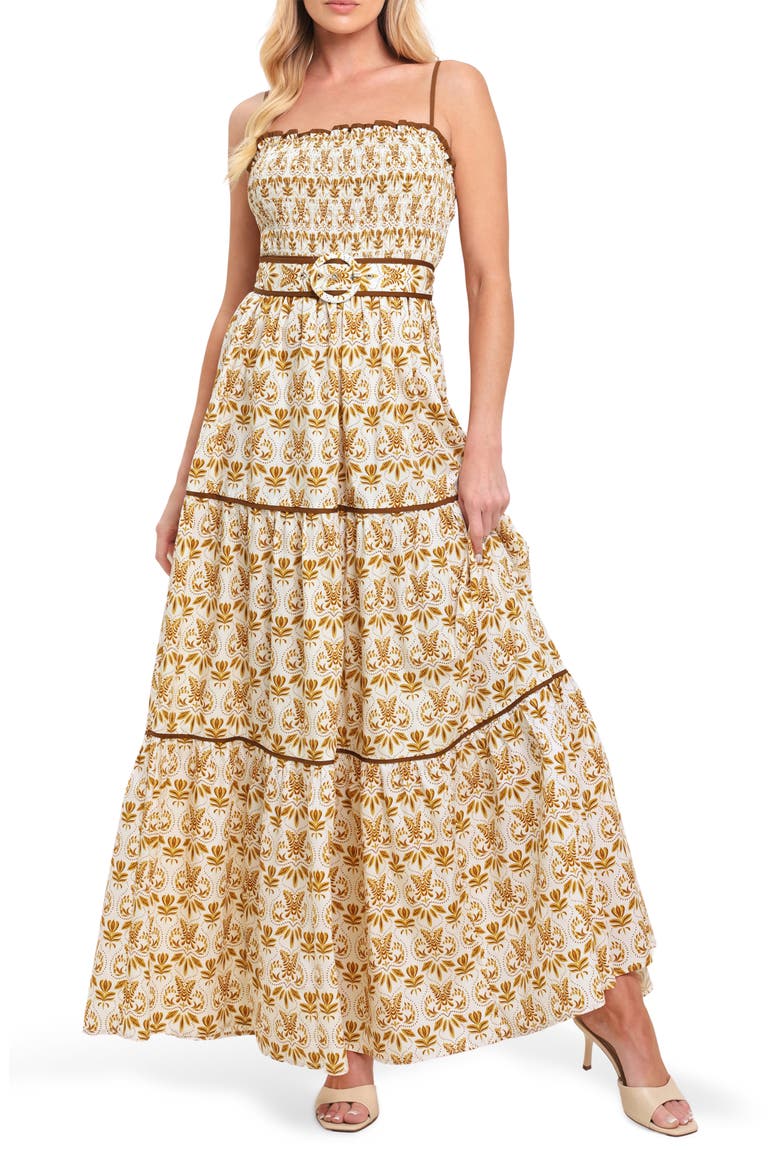 Belted Cotton Midi Dress, Main, color, CAMEL