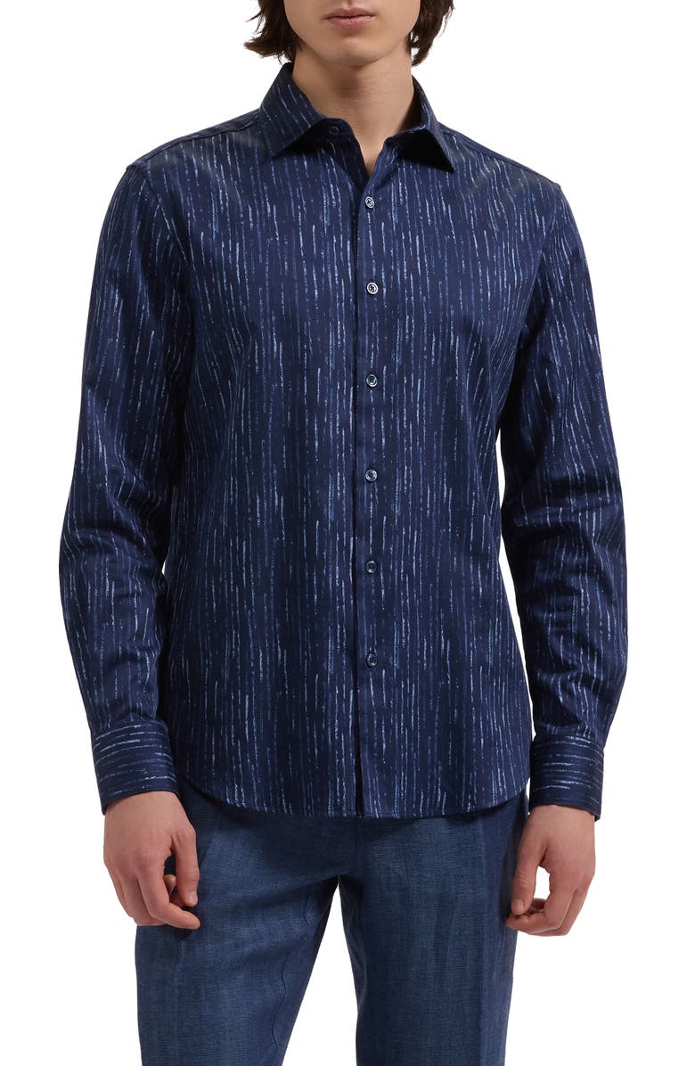 Bugatchi Axel Shaped Fit Chalk Stripe Stretch Cotton Button-Up Shirt, Main, color, Navy