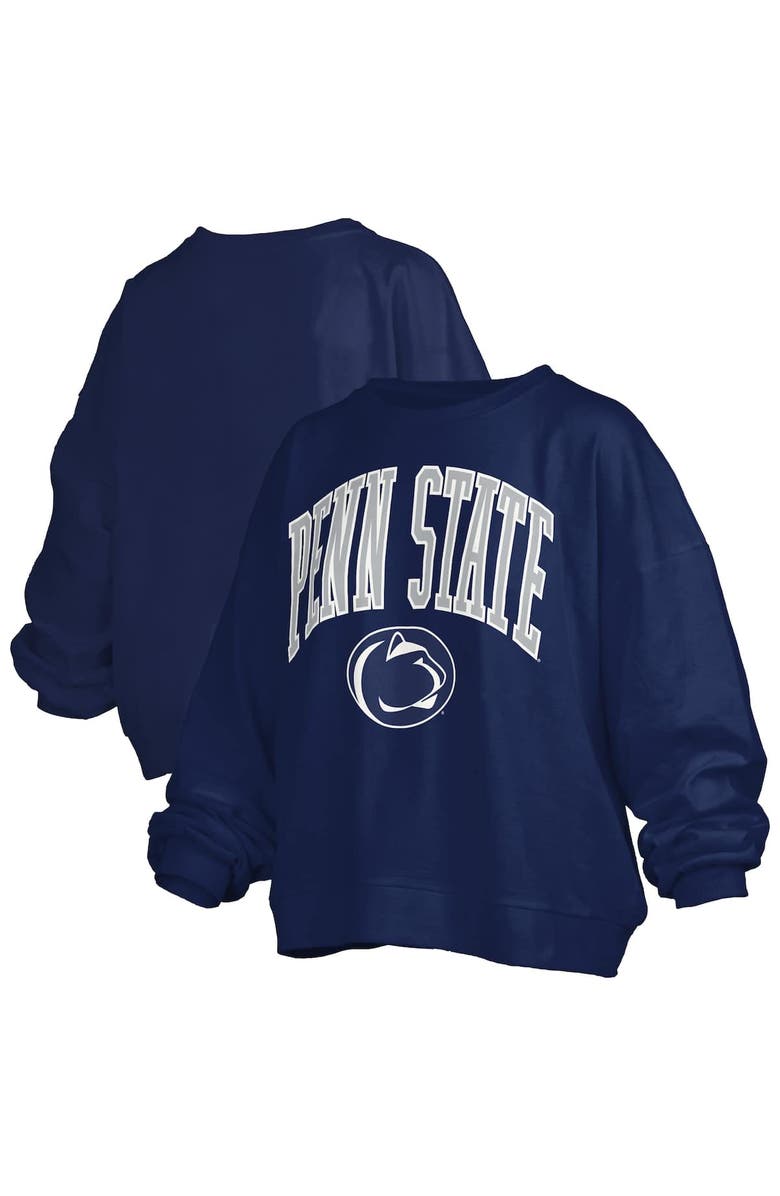 PRESSBOX Women's Pressbox Navy Penn State Nittany Lions Janise Arch Over Logo Waist Length Oversized Pullover Sweatshirt, Alternate, color, Navy