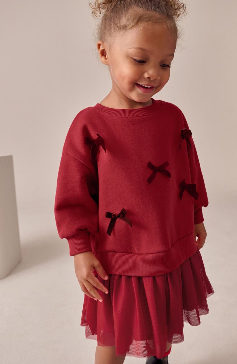 NEXT Kids' Velvet Bow Long Sleeve Sweatshirt Party Dress, Alternate, color, Red