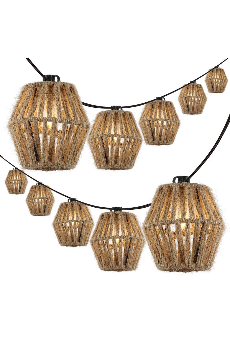 Samara 10-Light Indoor/Outdoor Mid-Century Classic Incandescent C7 Lantern Hemp Rope Shaded String Lights, Main, color, Brown