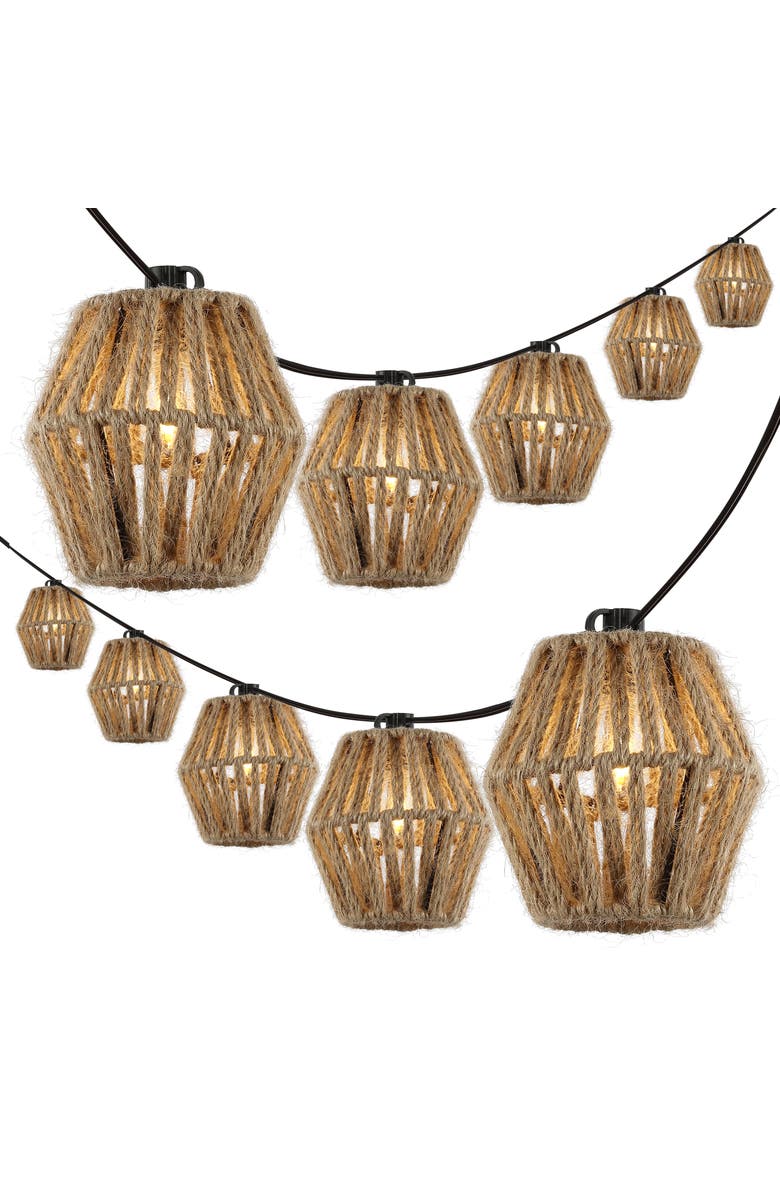 JONATHAN Y Samara 10-Light Indoor/Outdoor Mid-Century Classic Incandescent C7 Lantern Hemp Rope Shaded String Lights, Main, color, Brown