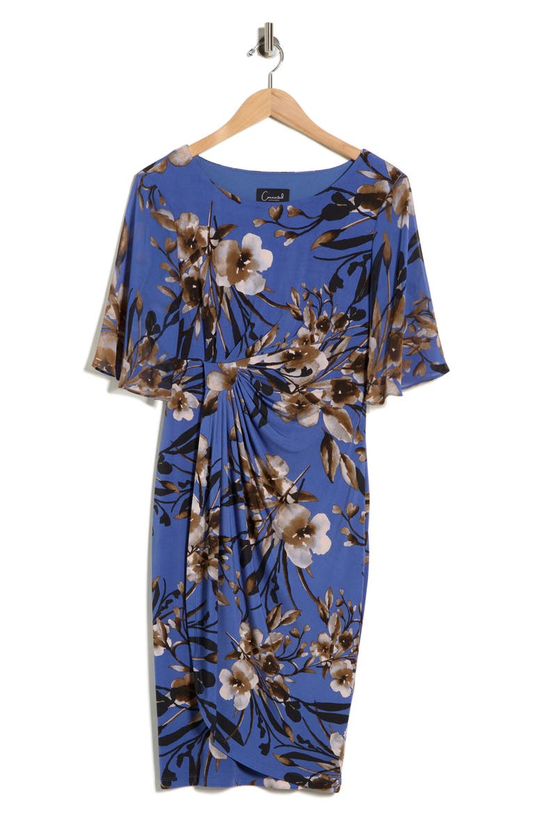 Floral Side Ruched Faux Wrap Dress, Alternate, color, CADET
