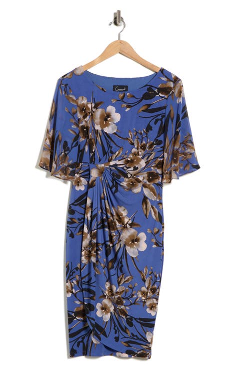 Floral Side Ruched Faux Wrap Dress (Plus)
