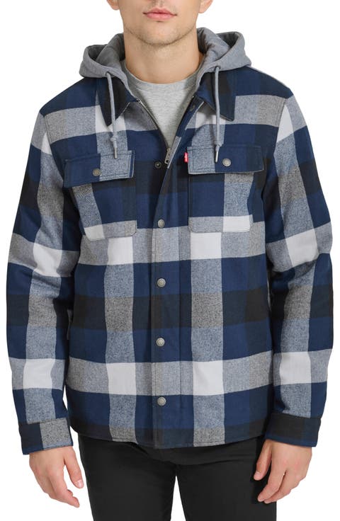 Plaid Faux Shearling Lined Jersey Hood Shirt Jacket