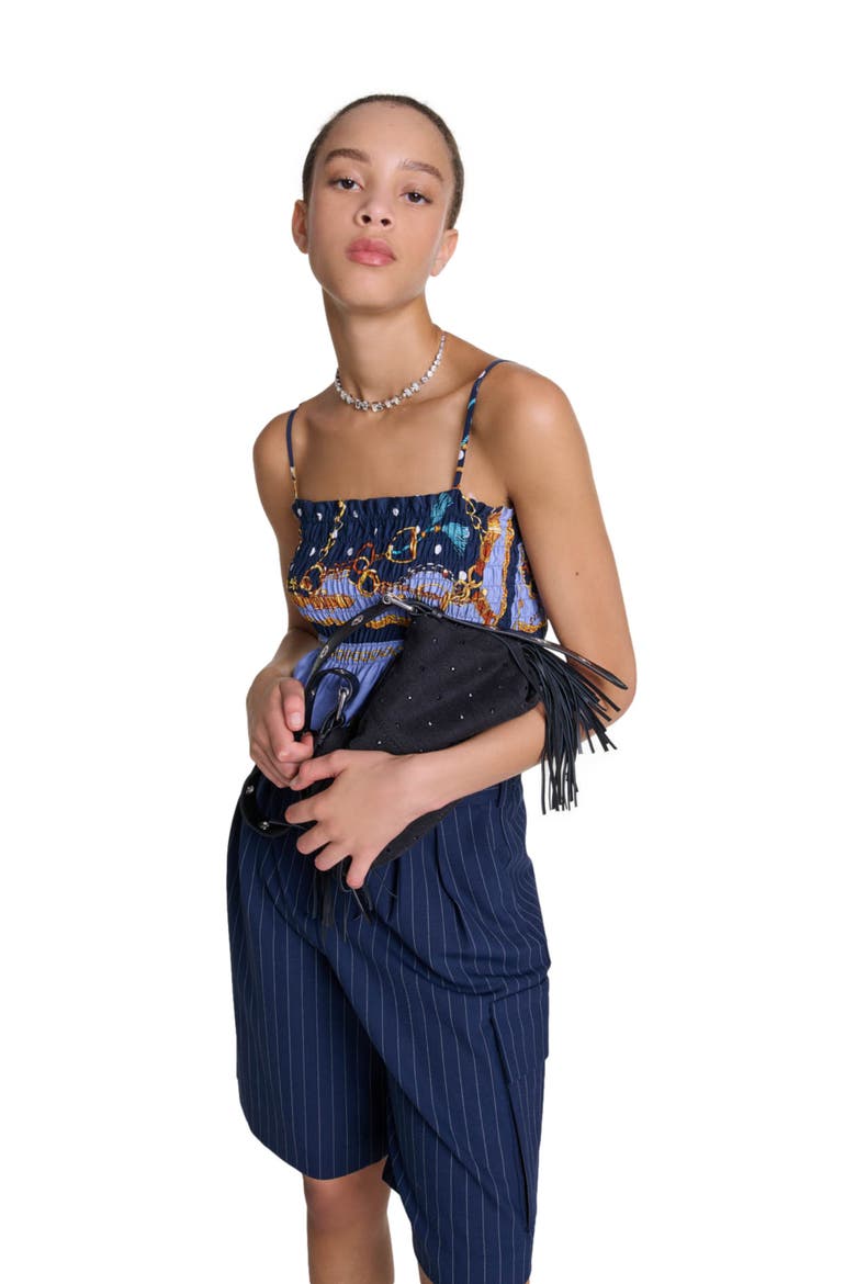 Printed smocked crop top, Alternate, color, Chain scarf print blue