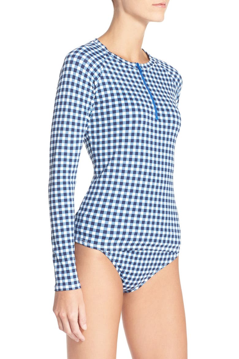 Gingham Rashguard, Alternate, color, MARE BLUE/ WHITE