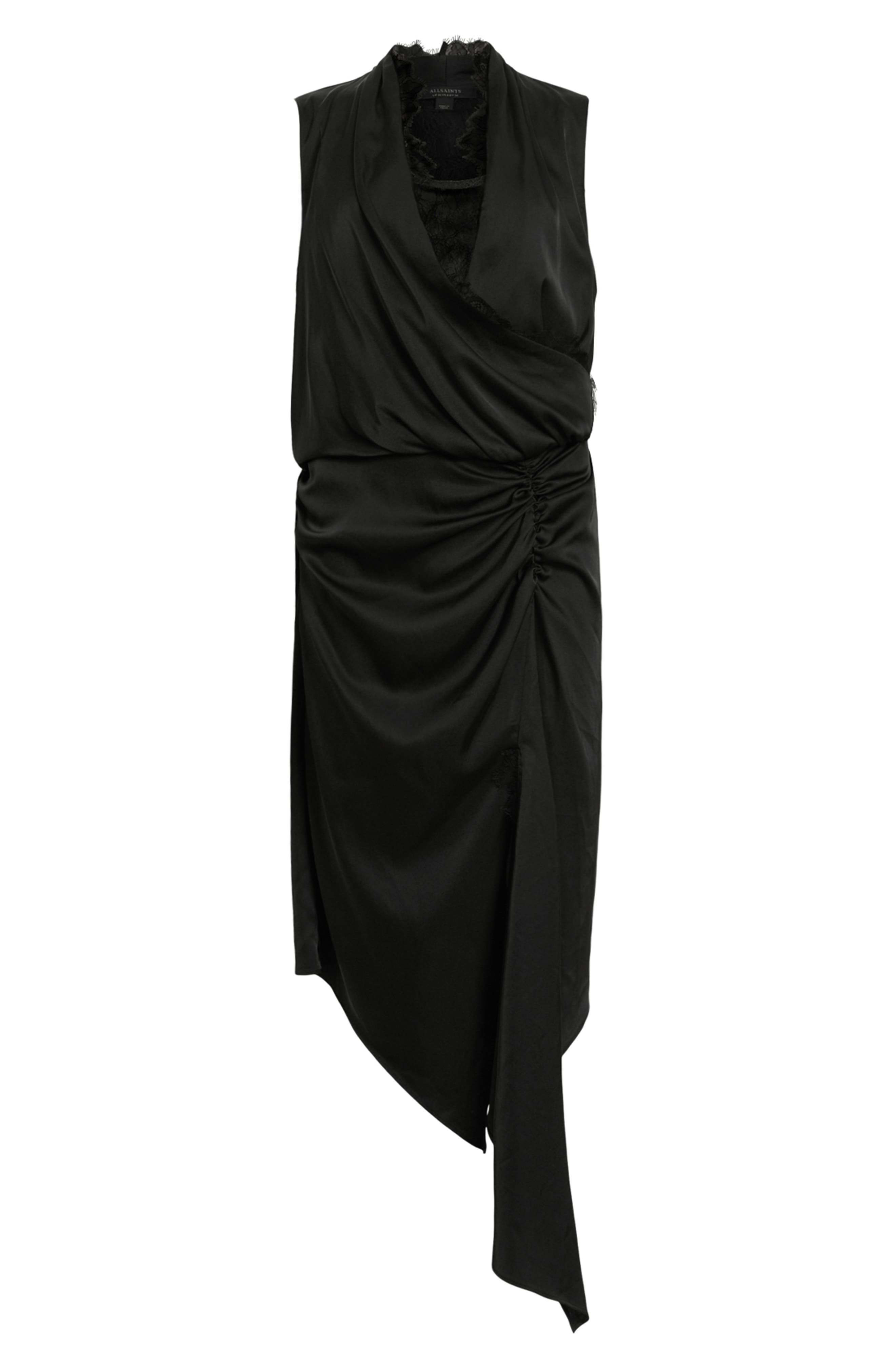 abi lace trim draped midi dress Allsaints Abi Lace Trim Draped Midi Dress - Black