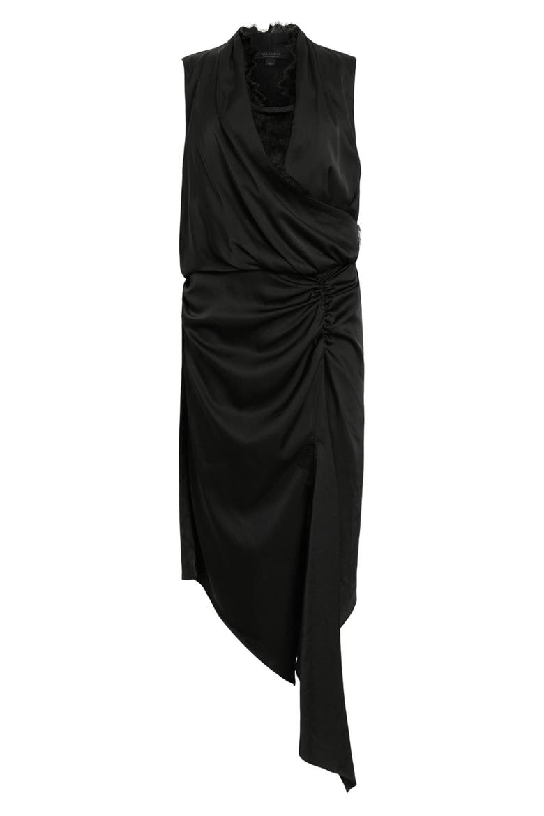 Abi Lace Trim Gathered Asymmetric Dress, Alternate, color, BLACK