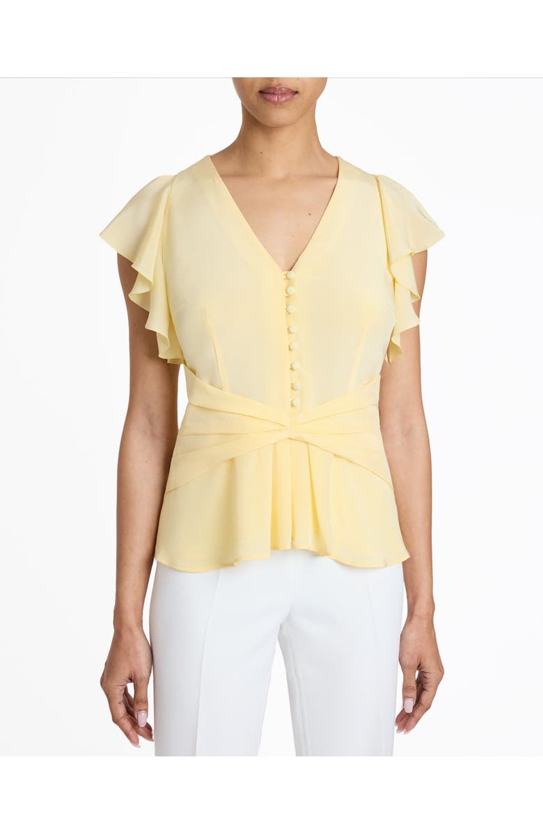 Santorelli ELLA Silk Flutter Sleeve Buttoned Blouse with Waist Panel, Main, color, Chamomile