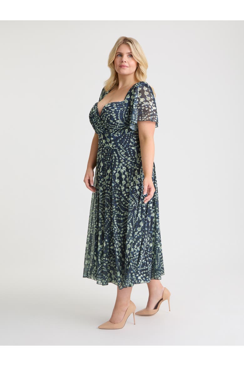 Liz Printed Wrap Bodice Midi Dress, Alternate, color, Navy Cream