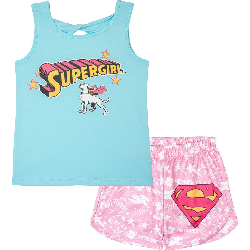 Dc Comics Kids' Justice League Supergirl Tank Top And Shorts Set In Krypto Blue Pink
