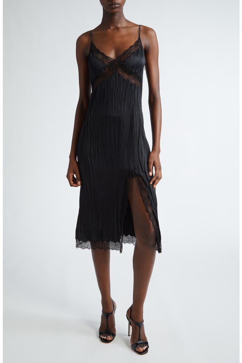Crushed Satin Charmeuse & Lace Slipdress, Main, color, BLACK