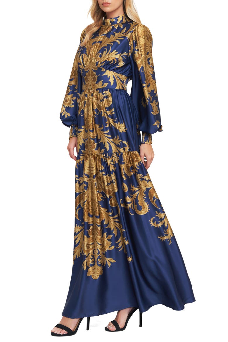 Print Long Sleeve Maxi Dress, Alternate, color, NAVY