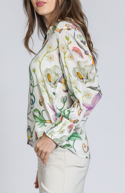 Apny Print Smocked Cuff Top In White Multi